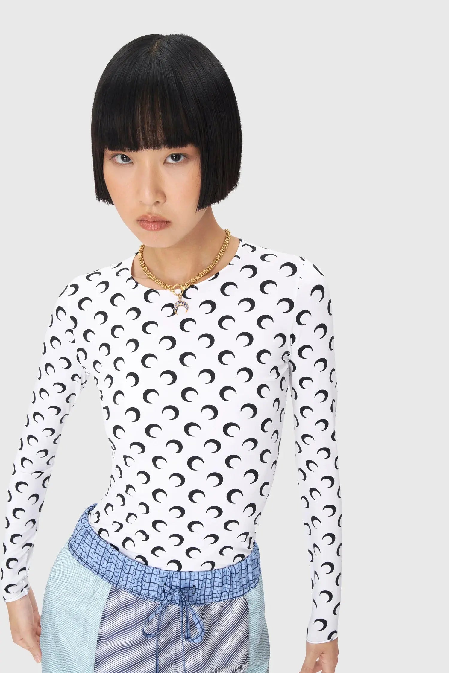 Marine Serre Recycled Moon Jersey Second Skin Crewneck Top in White SECOND SOURCE